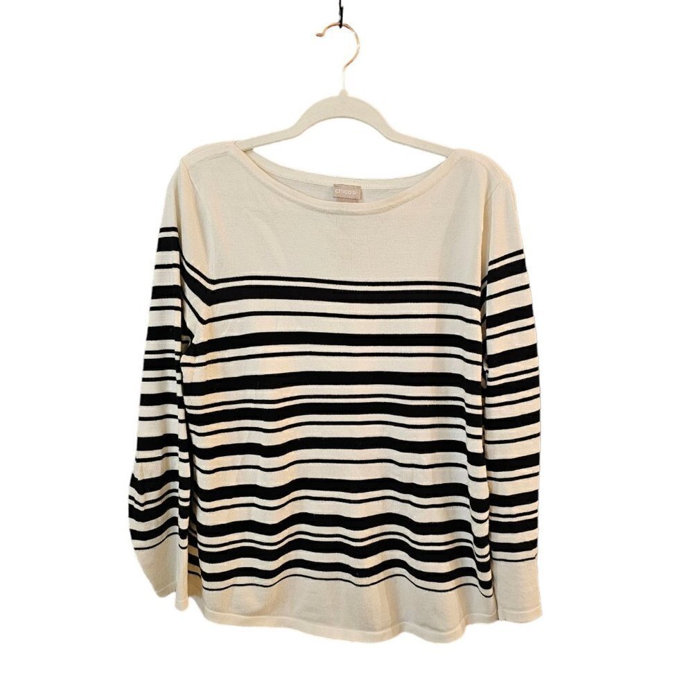 Chico's white w/ black strips size L Long sleeve work knit blouse Top scoop neck
